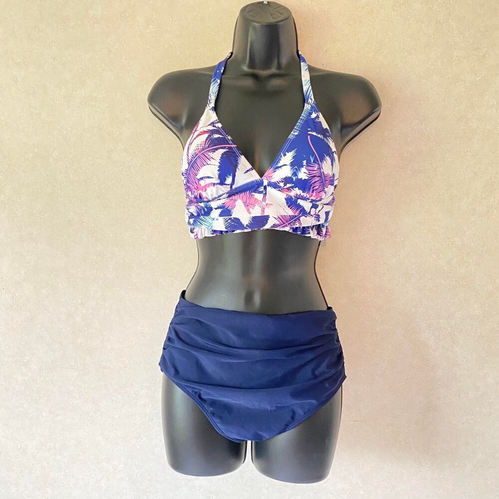 Palm Tree Print Bralette Swim Top High Waisted Swimsuit, White Blue, Small